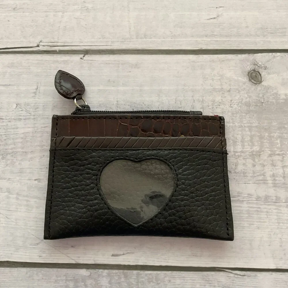 Brighton‎ Black Leather Brown Croc Trim Heart Coin Change Purse Wallet Zip Pouch
